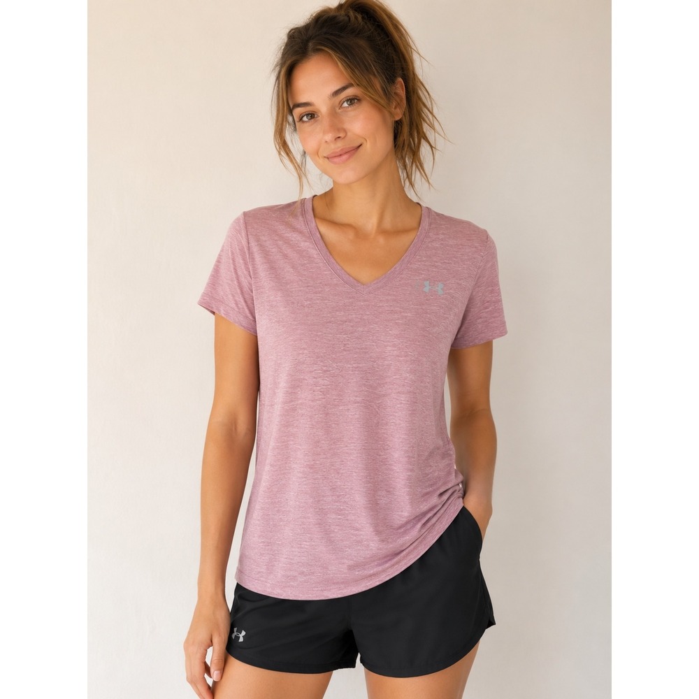 Under Armour HeatGear Womens V-Neck T-Shirt Loose Fit Heathered Pink Mauve Large
